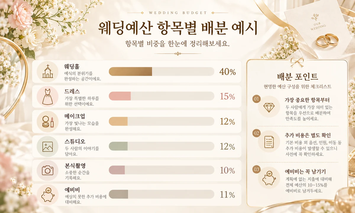 웨딩홀 드레스 메이크업 스튜디오 본식촬영과 예비비의 예산 배분 예시