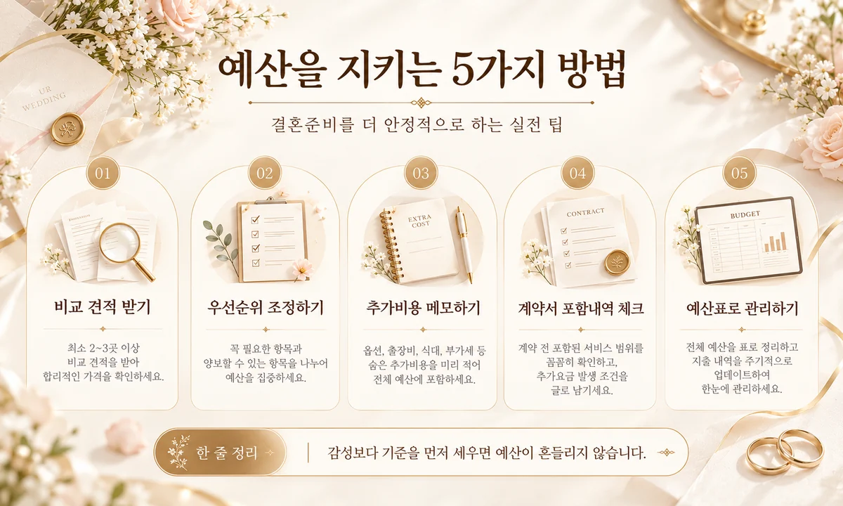 비교 견적 우선순위 추가비용 계약서 예산표 관리로 예산을 지키는 다섯 가지 방법