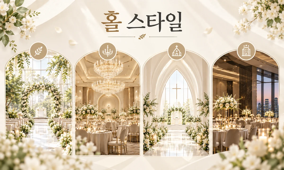 밝은 홀 클래식 홀 채플형 호텔형 웨딩홀 스타일 비교 이미지